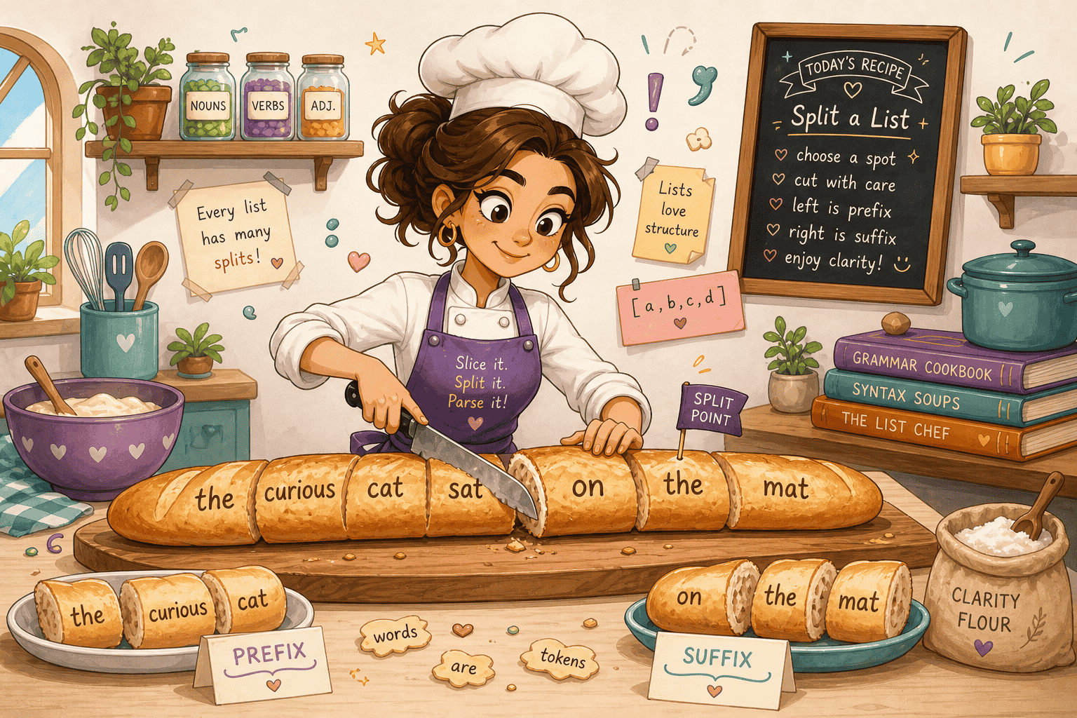 Chef slicing a sentence into prefix and suffix token lists