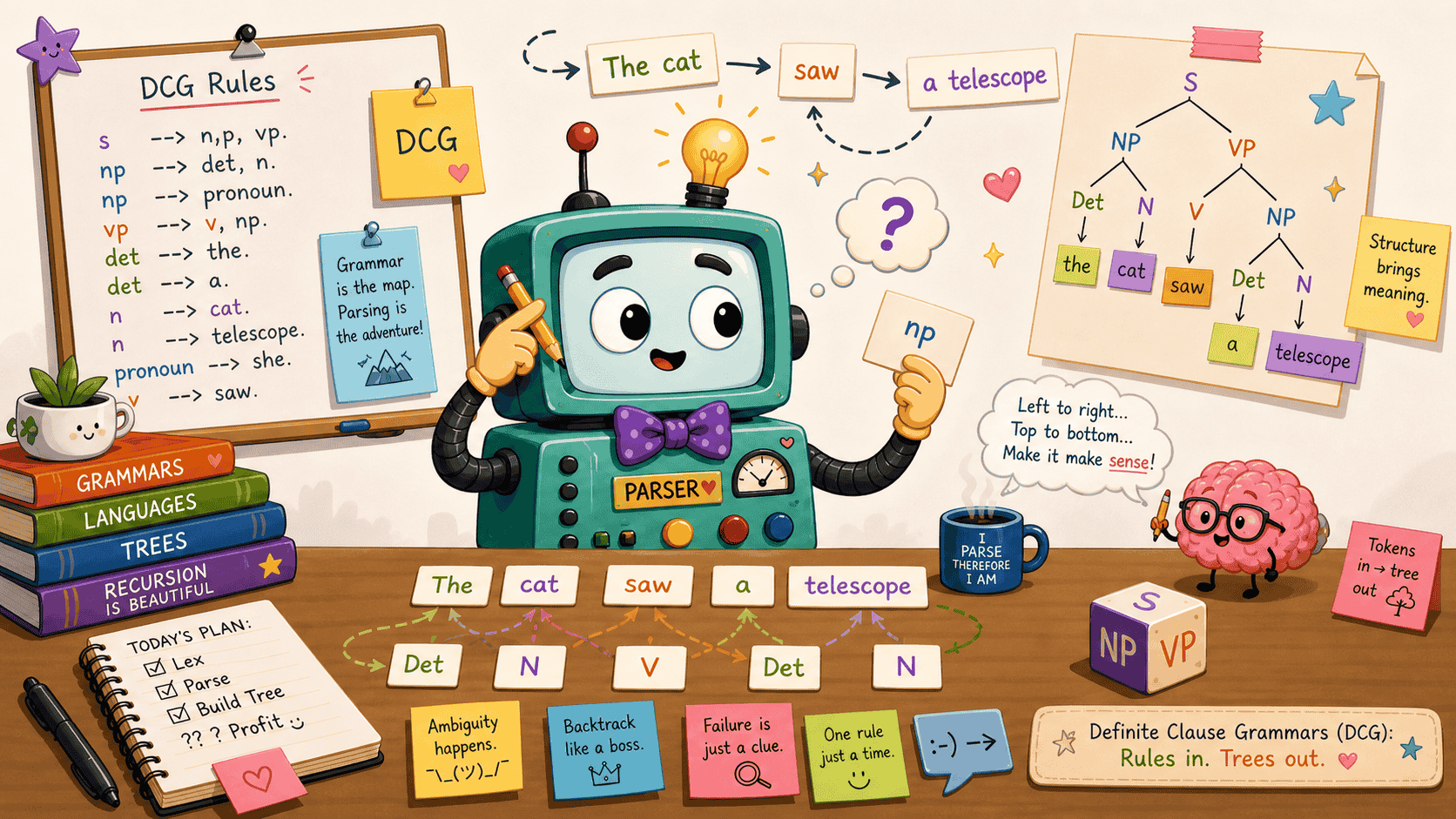 Cheerful parser robot surrounded by DCG rules, token cards, and a parse tree