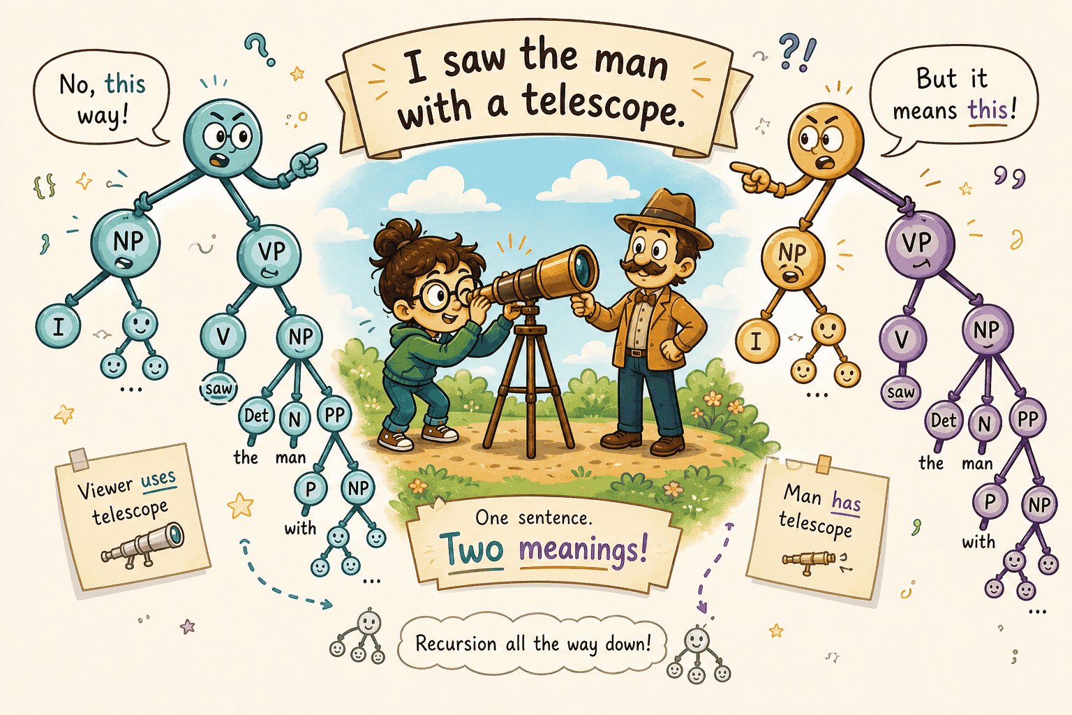 Ambiguous telescope sentence with two competing parse trees