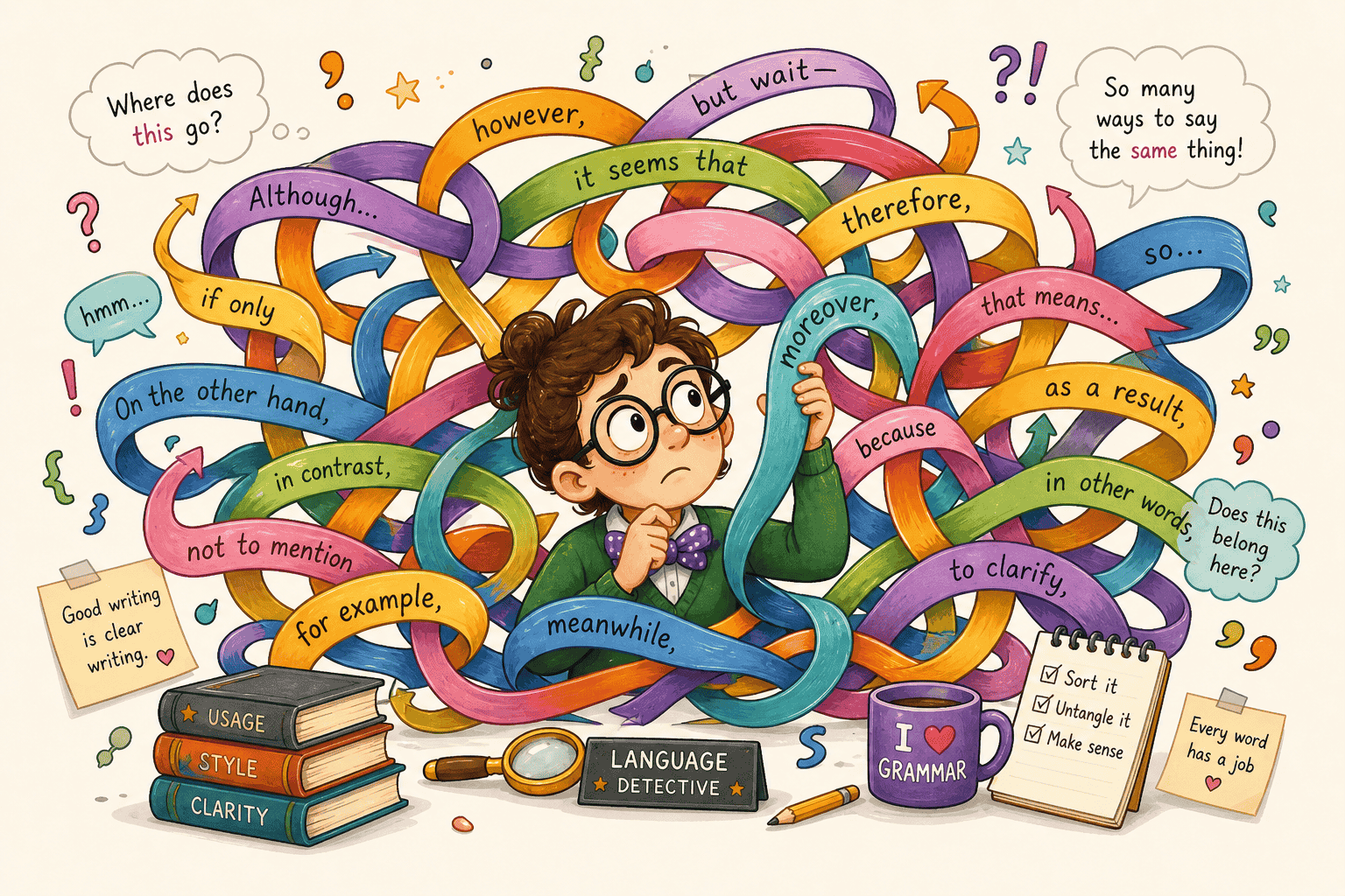 Person sorting tangled ribbons of natural-language phrases and connectives