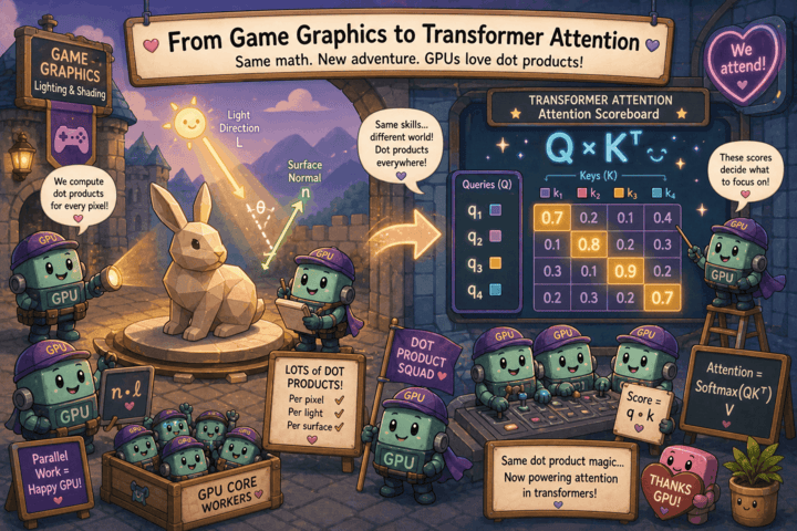 Game graphics dot products compared with transformer attention score matrices