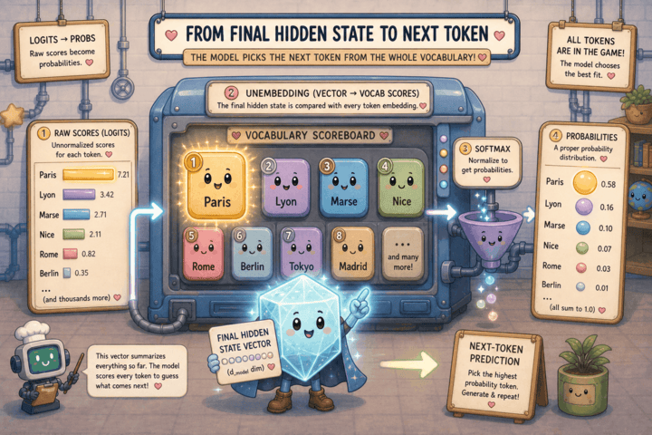 Final hidden state converted through logits and softmax into next-token probabilities