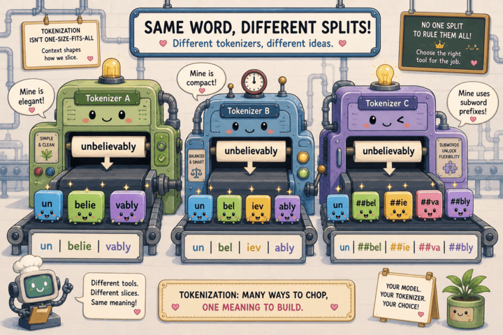 Three tokenizers splitting unbelievably into different subword pieces