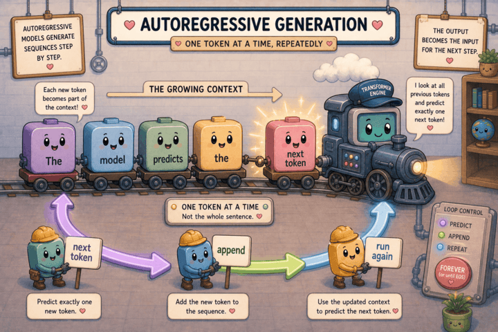 Autoregressive generation loop appending one predicted token at a time