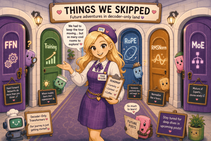 Hallway of skipped follow-up topics including FFNs, training, RoPE, RMSNorm, and MoE