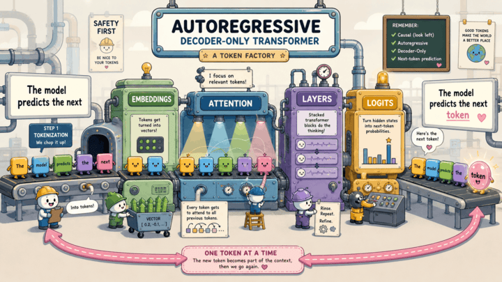 Token factory showing the autoregressive transformer pipeline from tokenization through logits