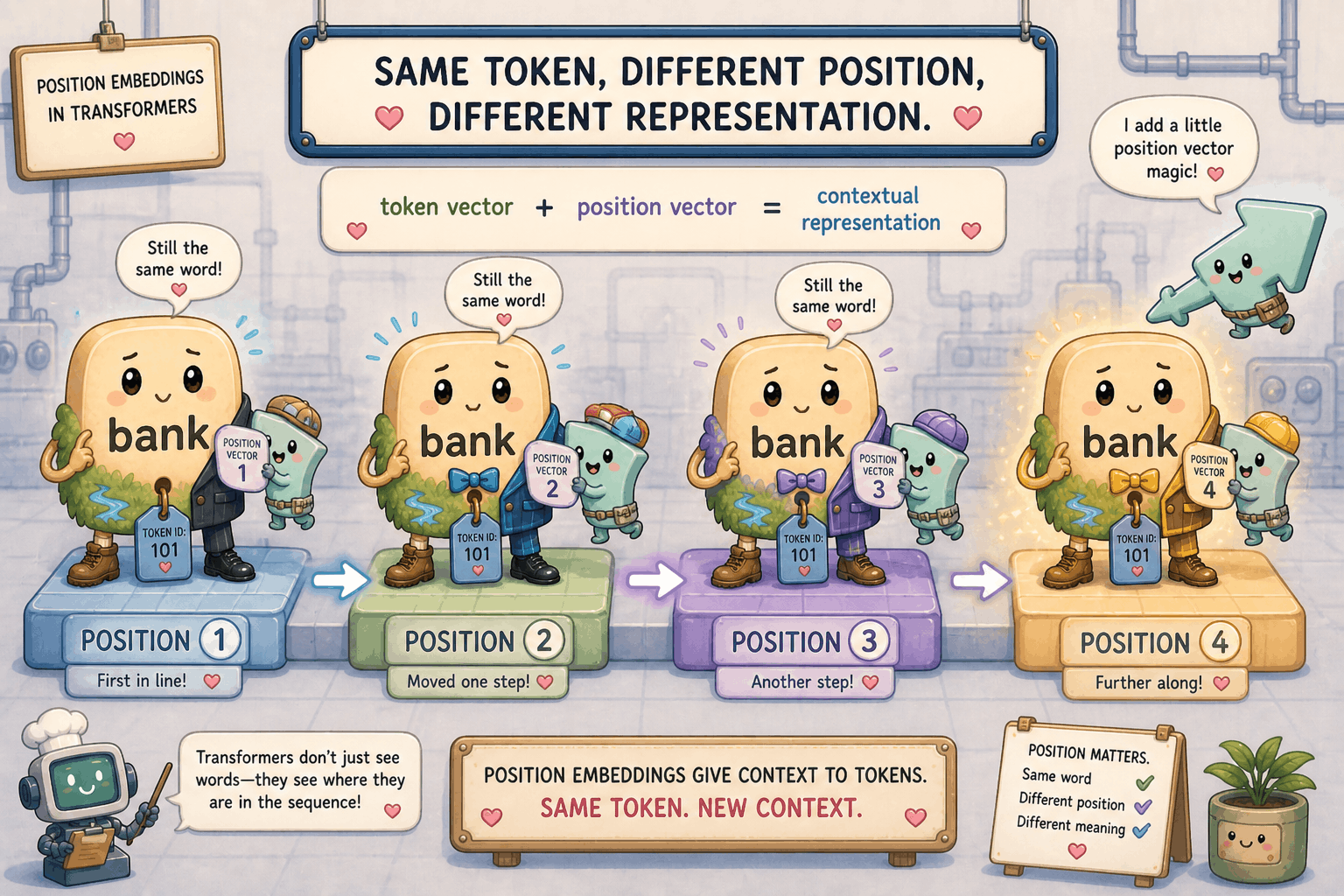 Same bank token receiving different position vectors at different sequence slots