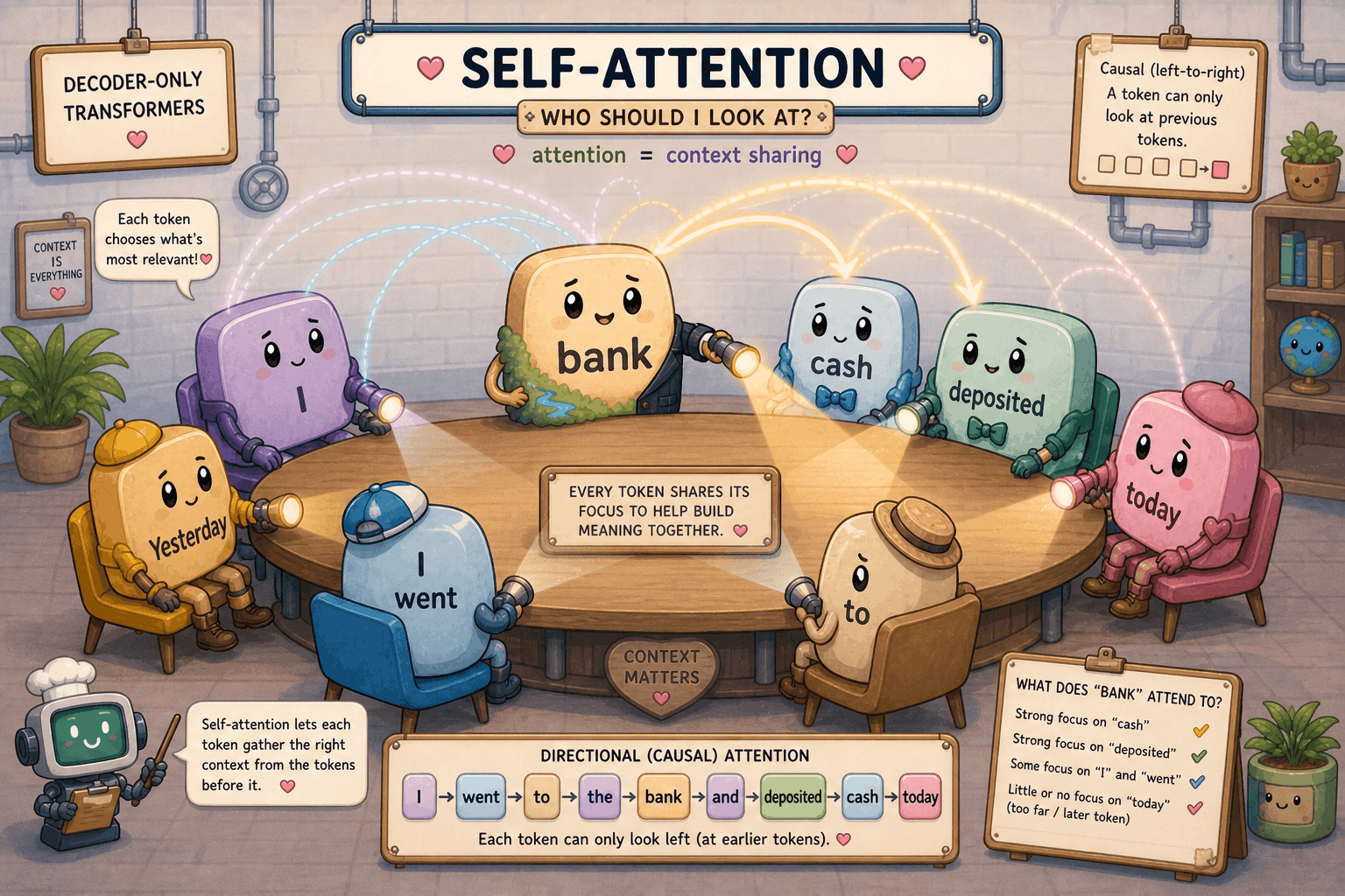 Tokens around a table using causal self-attention to share context