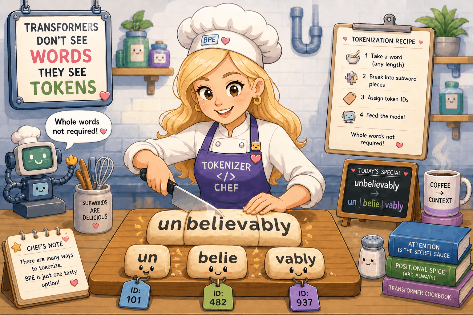Tokenizer chef slicing the word unbelievably into subword tokens