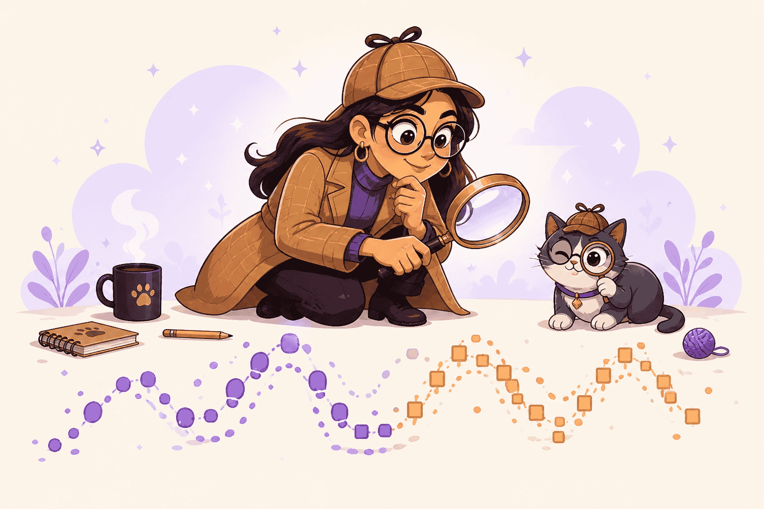 Detective examines two wavy data patterns with a magnifying glass