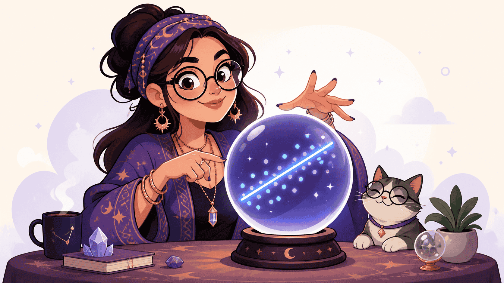 Fortune teller points at a glowing crystal ball with a straight-line trend
