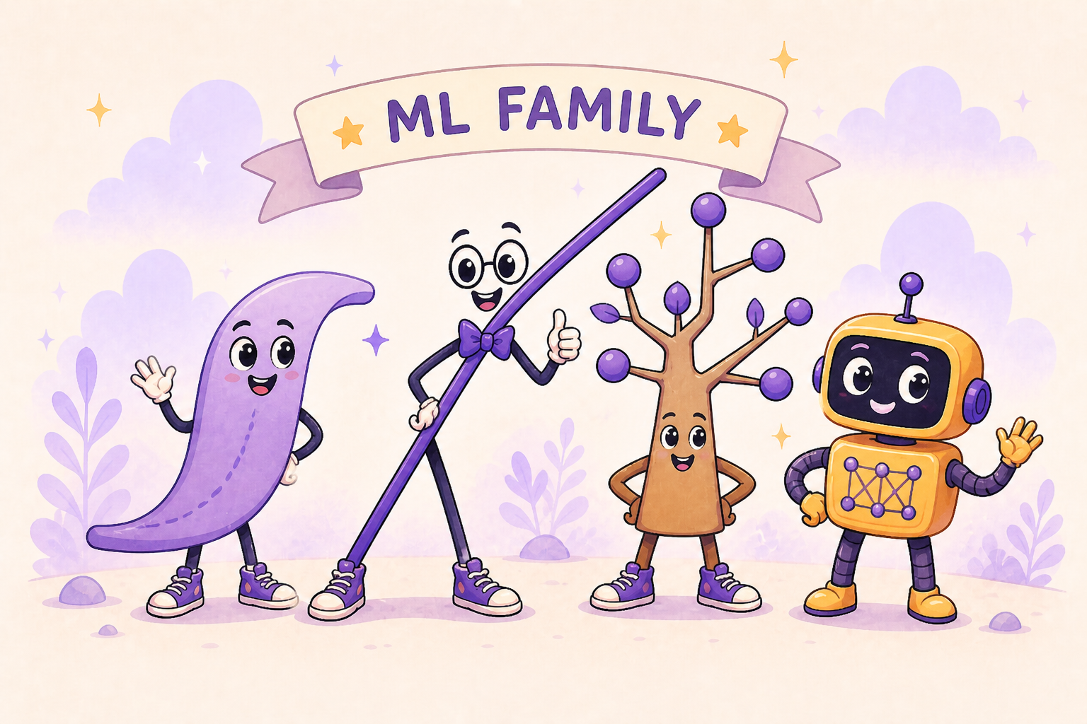 Banner reading ML Family above cartoon model characters: a curve, line, decision tree, and neural-network robot