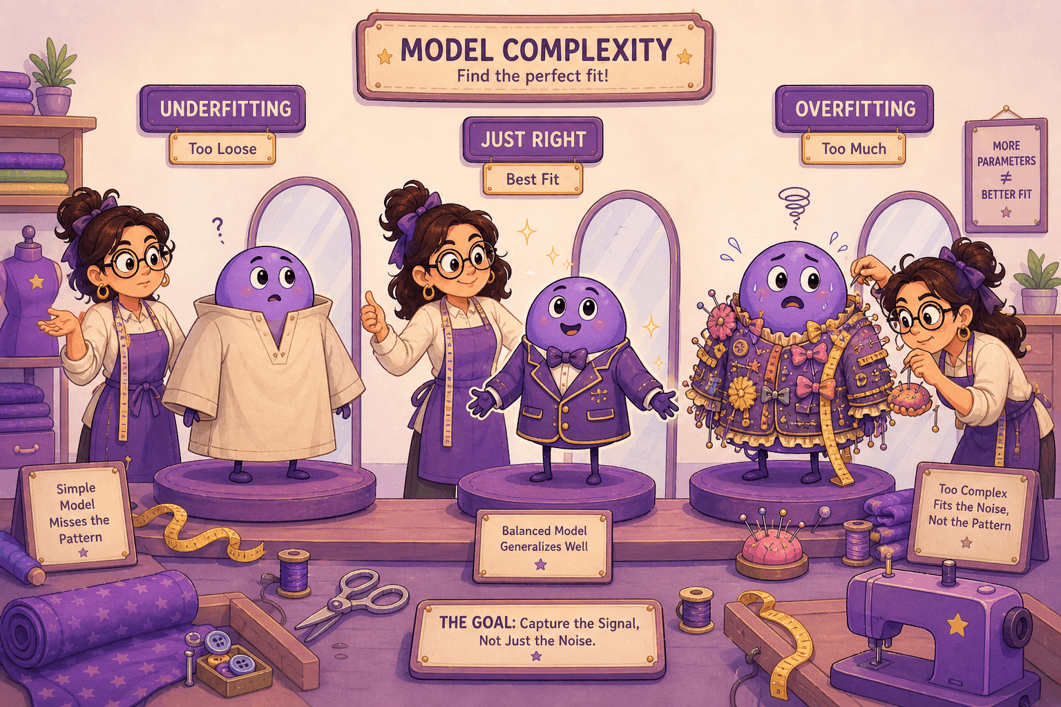 Underfitting, good fit, and overfitting shown as outfits of increasing complexity