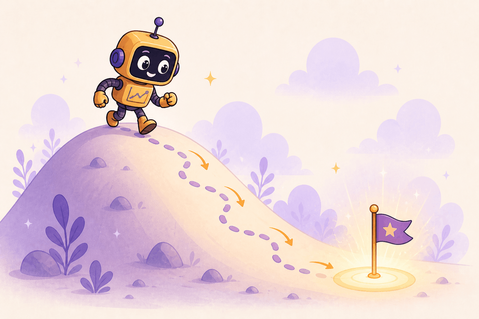 Small robot walks downhill on a loss surface toward a target