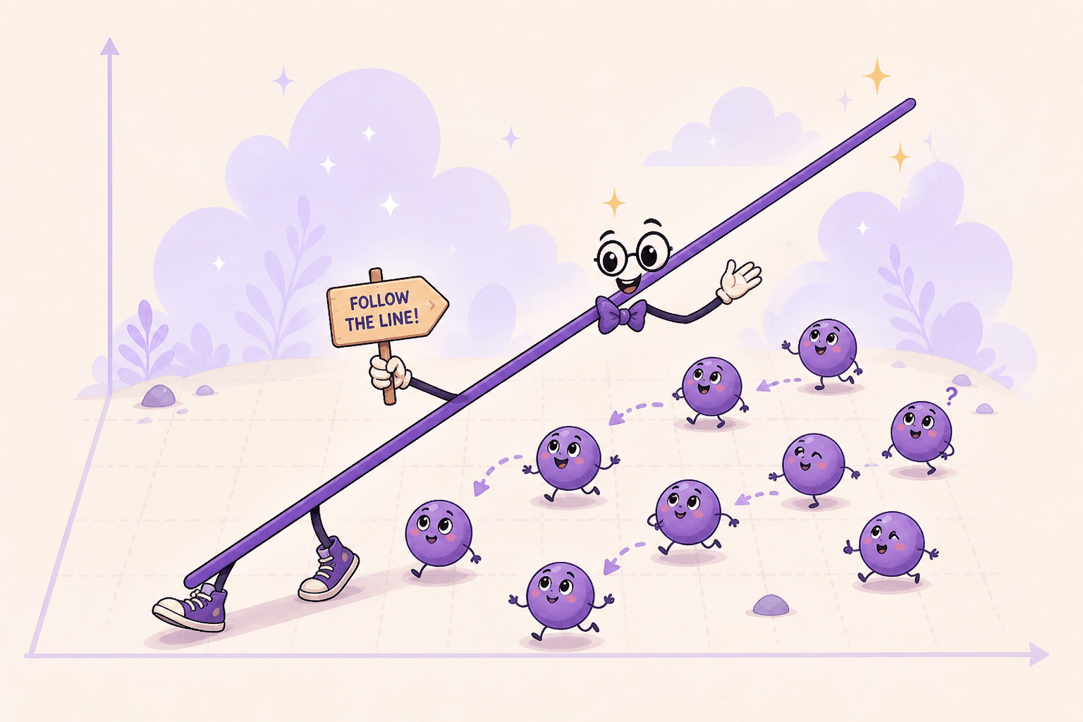 Cartoon regression line leads scattered data points across a graph