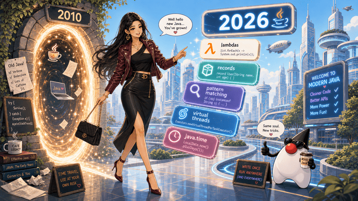 Time traveler stepping from Java 2010 into a modern Java 2026 city