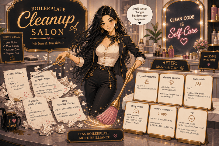 Boilerplate cleanup salon replacing old Java verbosity with smaller syntax