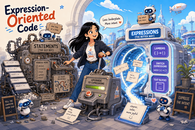 The developer upgrades a clunky old statement machine into a sleek expression-oriented machine labeled with lambdas, switch expressions, and text blocks.