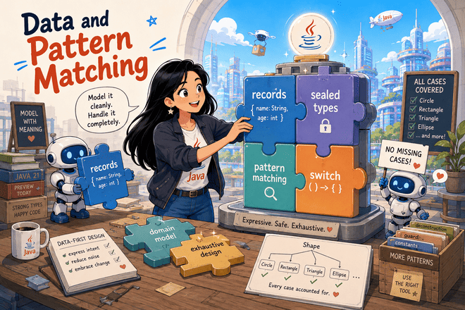 The developer assembles puzzle pieces labeled records, sealed types, pattern matching, and switch into a modern Java domain model.