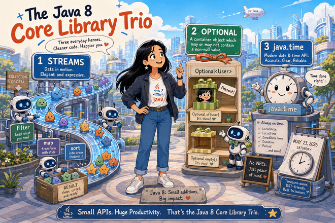 Three friendly mascots represent Streams, Optional, and java.time while the developer greets them in a cheerful modern Java scene.