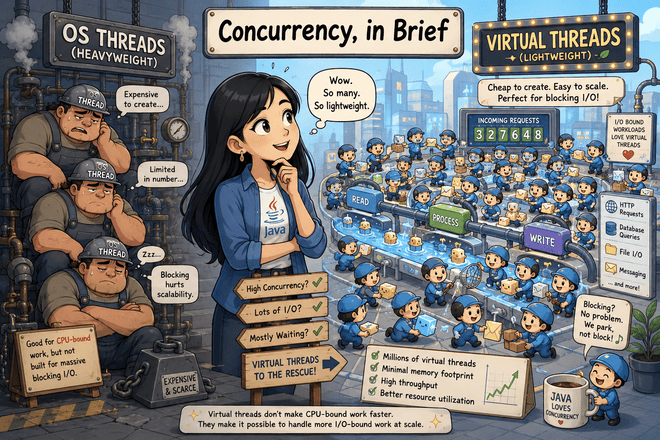 Hundreds of tiny lightweight virtual-thread workers calmly handle many tasks while a few bulky OS-thread workers stand off to the side.