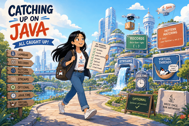 The developer confidently walks through the modern Java city holding a checklist of concepts she has learned, including lambdas, records, pattern matching, streams, Optional, java.time, and virtual threads.