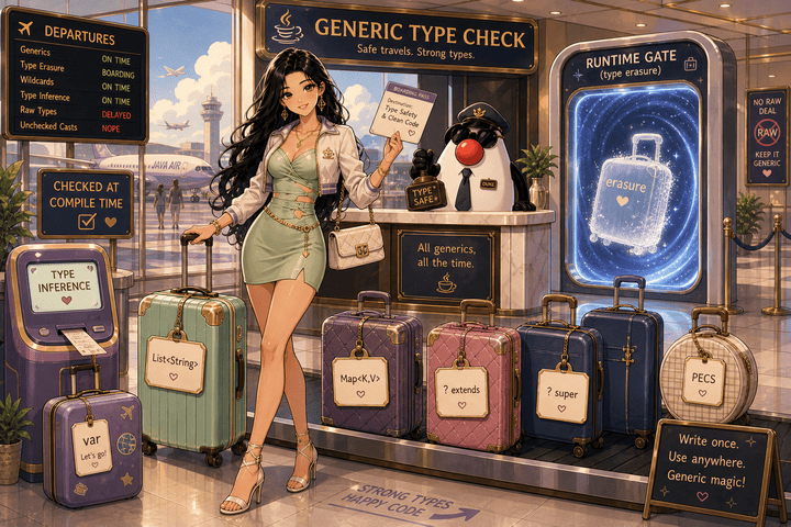Airport generic type check showing type inference, wildcards, PECS, and runtime erasure