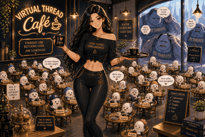 Virtual thread cafe with many lightweight requests served beside larger operating system threads