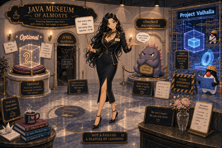Java museum of almosts with exhibits for Optional, JPMS modules, checked exceptions, and Project Valhalla