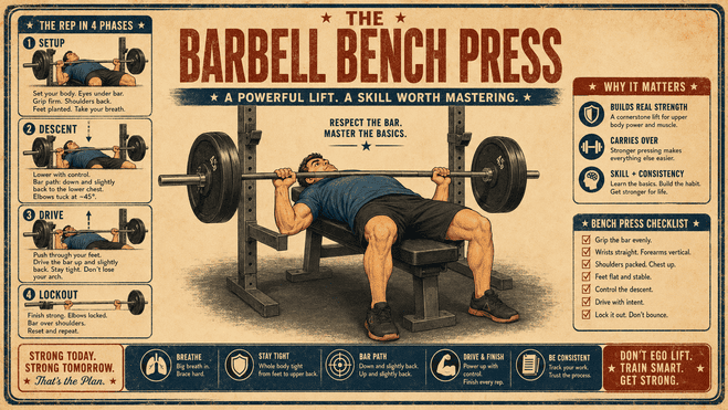 Retro-style illustrated hero image showing an everyday lifter under a barbell with visual references to setup, descent, drive, and lockout.