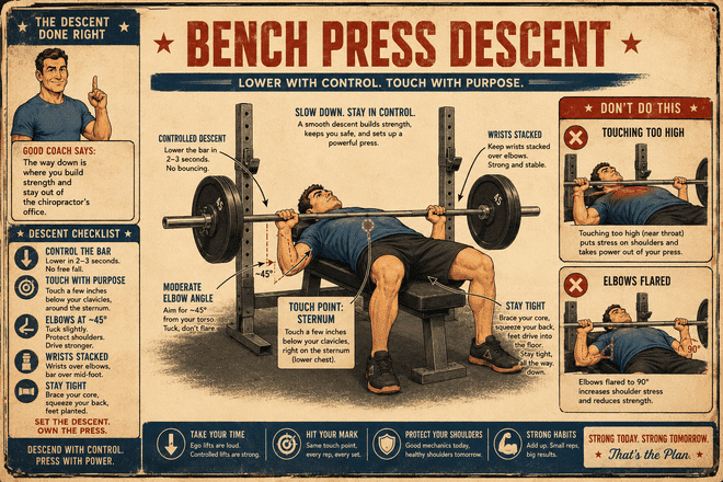 Illustrated bench press technique poster showing correct descent, bar touch point on the chest, and safer elbow angle.