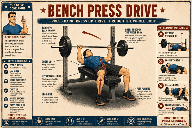 Retro-style illustrated poster showing bench press leg drive and the bar path traveling up and slightly back toward the shoulders.