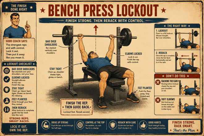 Illustrated lockout and rerack safety poster showing the bar finished over the shoulders before being moved back into the rack.
